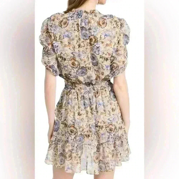 MISA Kayla Floral Ruffle Mini Dress NWT Beige Purple Print - Picture 2 of 7
